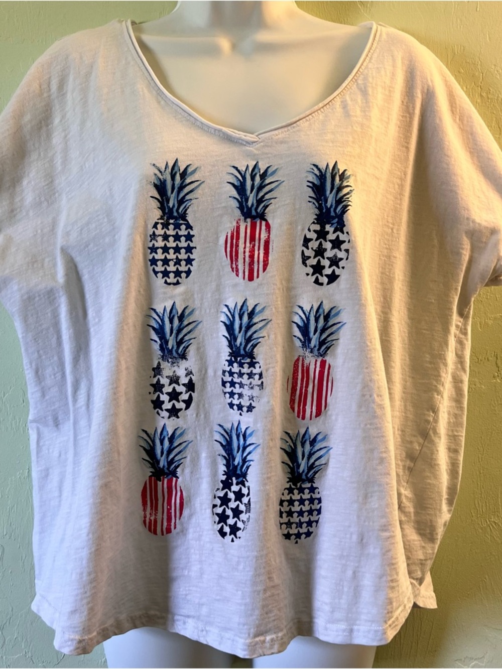 Caribbean Joe White V-Neck Blouse with Blue & Red Pineapples Patriotic 1X